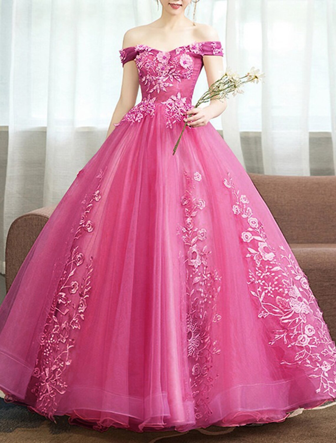 Ball Gown Quinceanera Dresses Princess Dress Floor Length Sleeveless Off Shoulder Polyester with Appliques