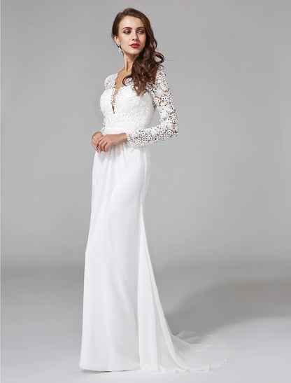 Beach Royal Style Boho Wedding Dresses Sheath / Column Illusion Neck Long Sleeve Sweep / Brush Train Chiffon Bridal Gowns With Lace Button