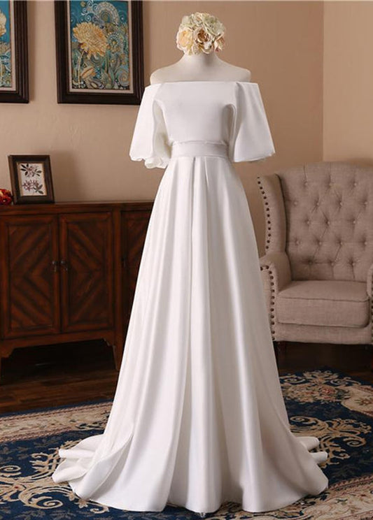 Off-the-Shoulder Simple White Satin Wedding Dress with Half Sleeves Beautiful