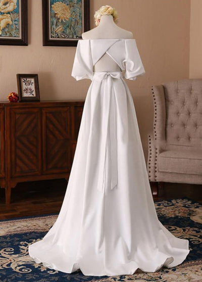 Off-the-Shoulder Simple White Satin Wedding Dress with Half Sleeves Beautiful