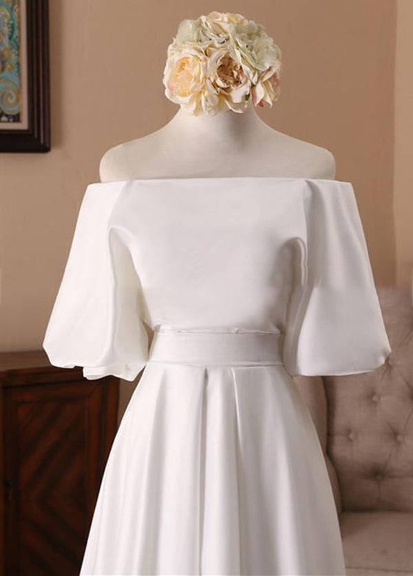 Off-the-Shoulder Simple White Satin Wedding Dress with Half Sleeves Beautiful