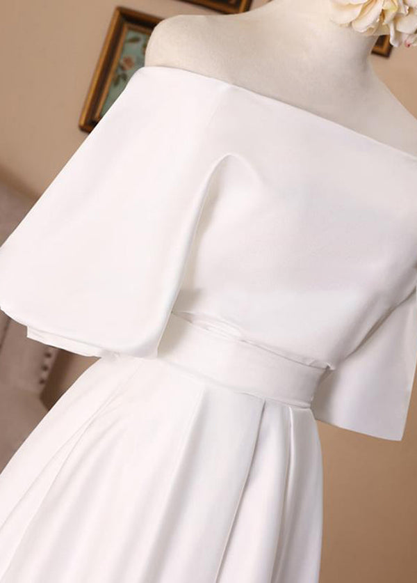 Off-the-Shoulder Simple White Satin Wedding Dress with Half Sleeves Beautiful