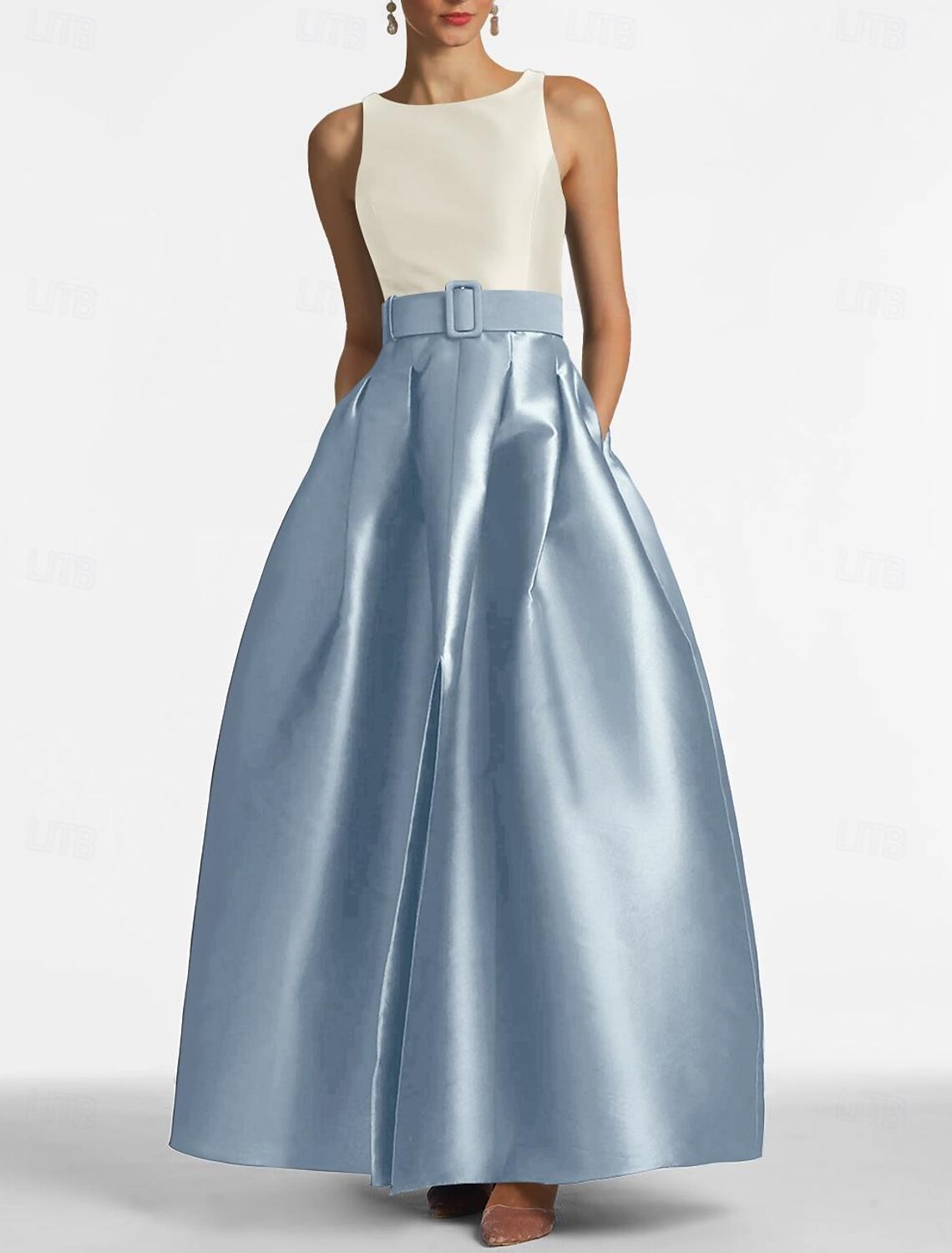 A-Line Wedding Guest Dress Dress Formal Floor Length Sleeveless Jewel Neck Belt / Sash Satin with Pleats Slit