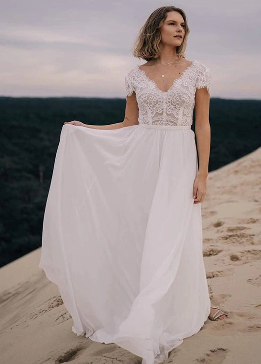 Boho See Through Lace V-Neck A-Line Chiffon Wedding Dress Floor Length