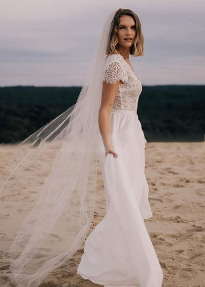 Boho See Through Lace V-Neck A-Line Chiffon Wedding Dress Floor Length