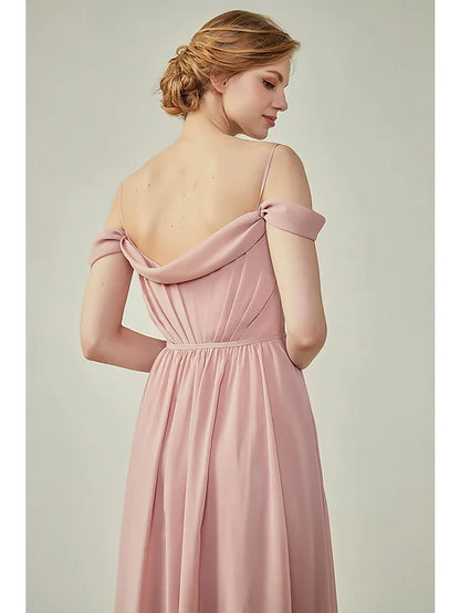 A-Line Bridesmaid Dress Spaghetti Strap Short Sleeve Furcal Floor Length Chiffon with Sash Ribbon Ruching