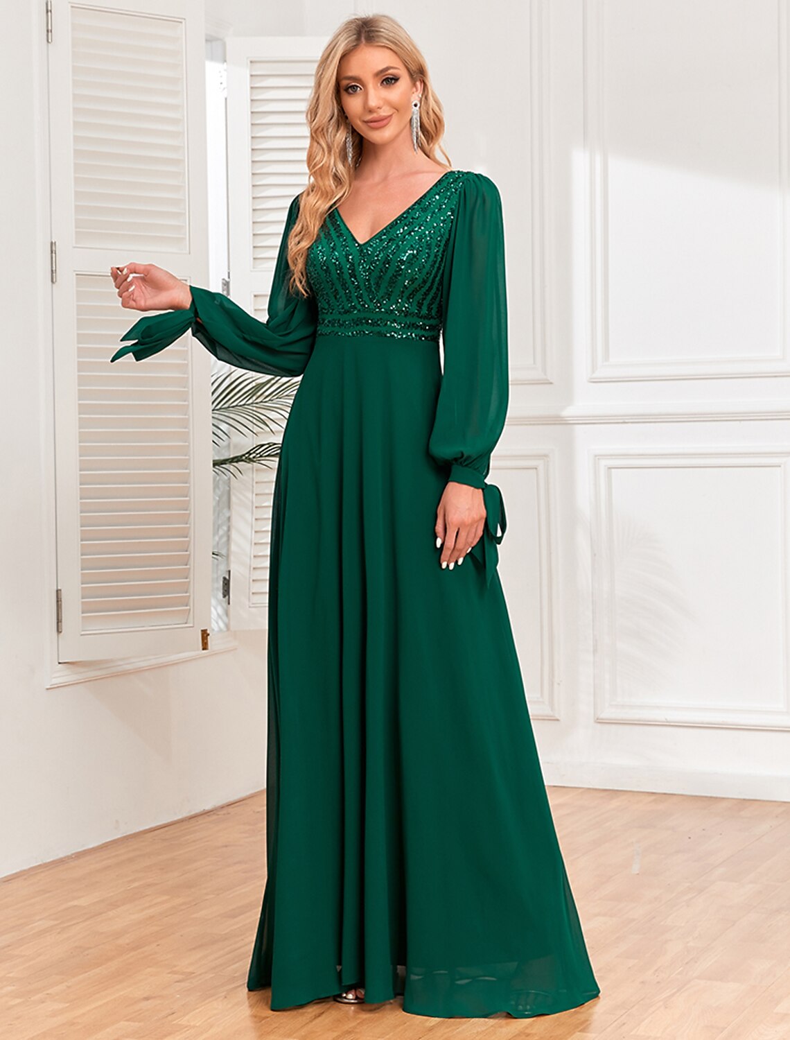 A-Line Evening Gown Empire Dress Evening Party Wedding Reception Floor Length Long Sleeve V Neck Fall Wedding Guest Chiffon V Back with Sequin