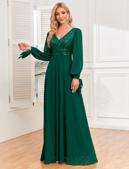 A-Line Evening Gown Elegant Dress Evening Party Wedding Reception Floor Length Long Sleeve V Neck Fall Wedding Guest Chiffon V Back with Sequin