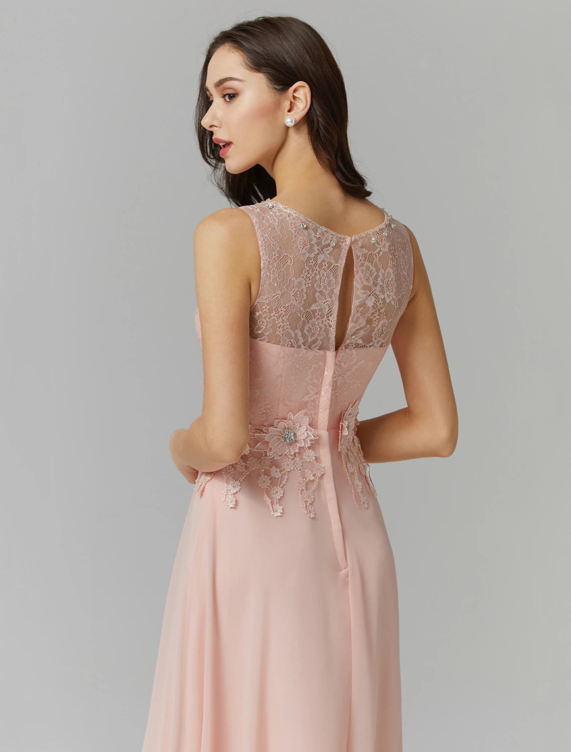 A-Line Empire Dress Valentine's Day Wedding Guest Floor Length Sleeveless Illusion Neck Bridesmaid Dress Chiffon with Beading Appliques