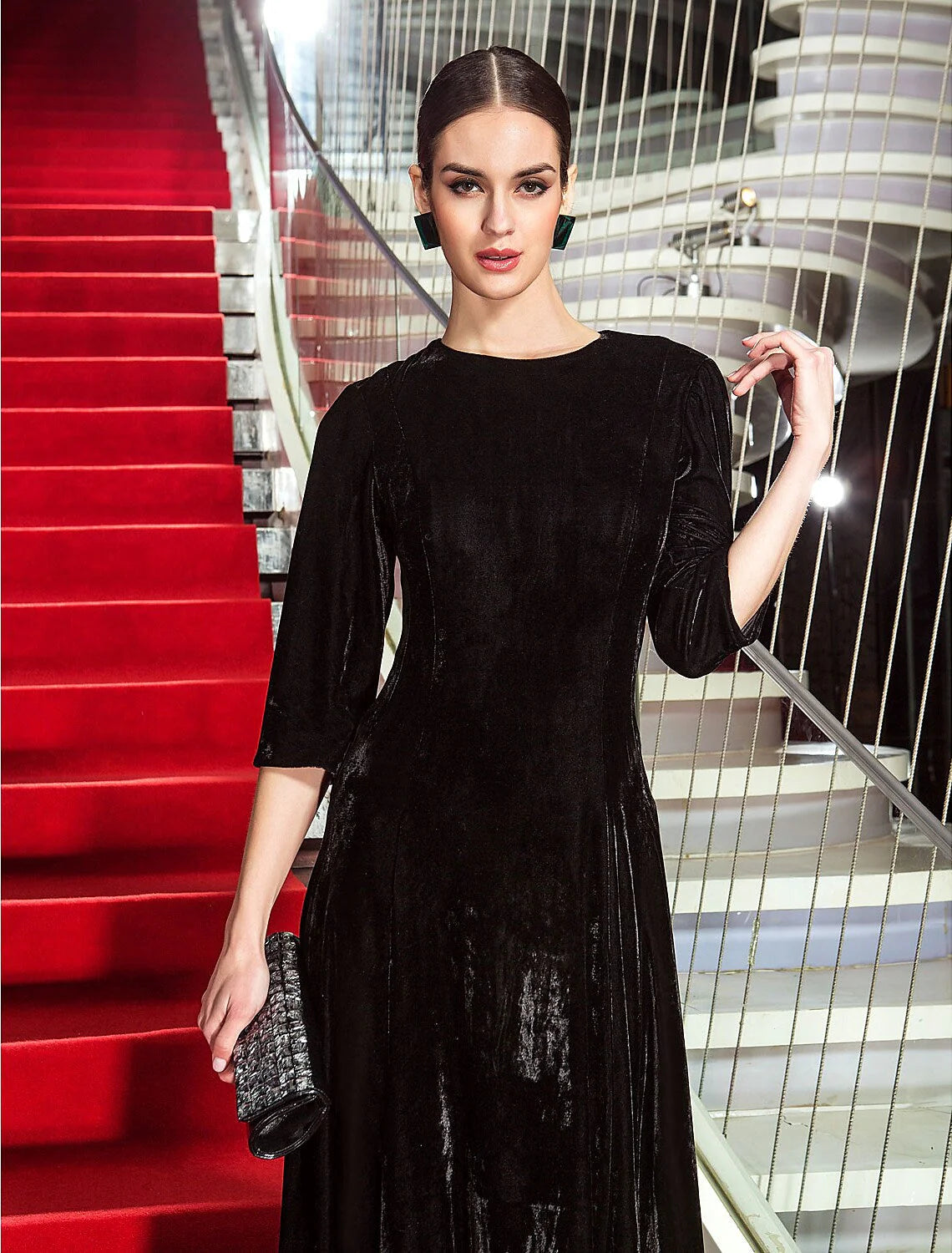 A-Line Celebrity Style Dress Wedding Guest Floor Length 3/4 Length Sleeve Jewel Neck Velvet with Pleats