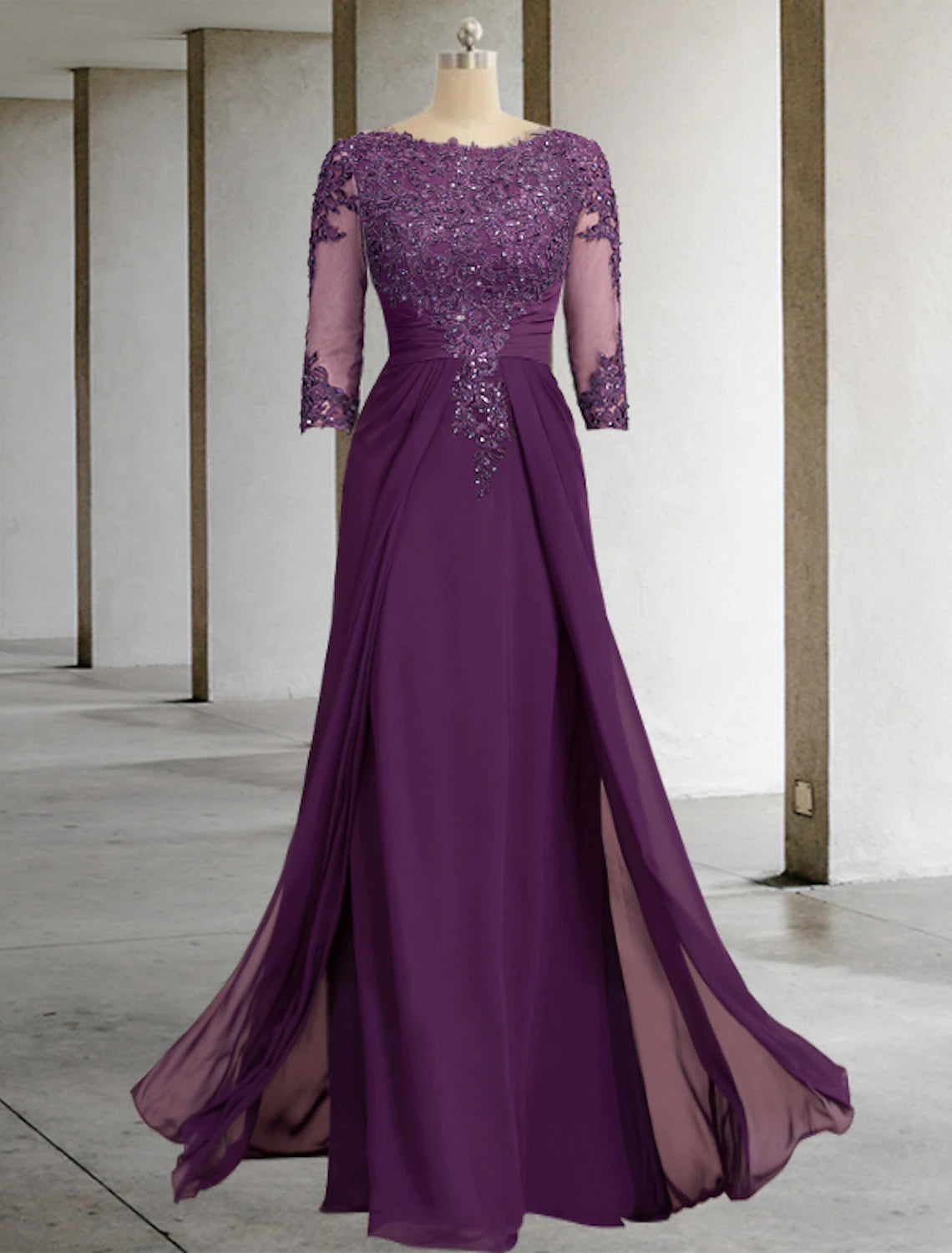 Sheath / Column  Sparkle/Shine Sequin Scoop Neck Floor Length Formal Wedding Guest With Overskirts Chiffon Lace 3/4 Sleeve Mother of the Bride Dress with Appliques