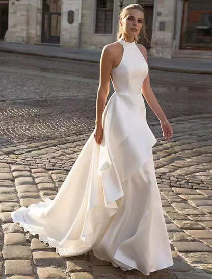 Reception Open Back Casual Wedding Dresses A-Line Halter Sleeveless Court Train Satin Bridal Gowns With Solid Color Summer Fall Wedding Party , Women's Clothing