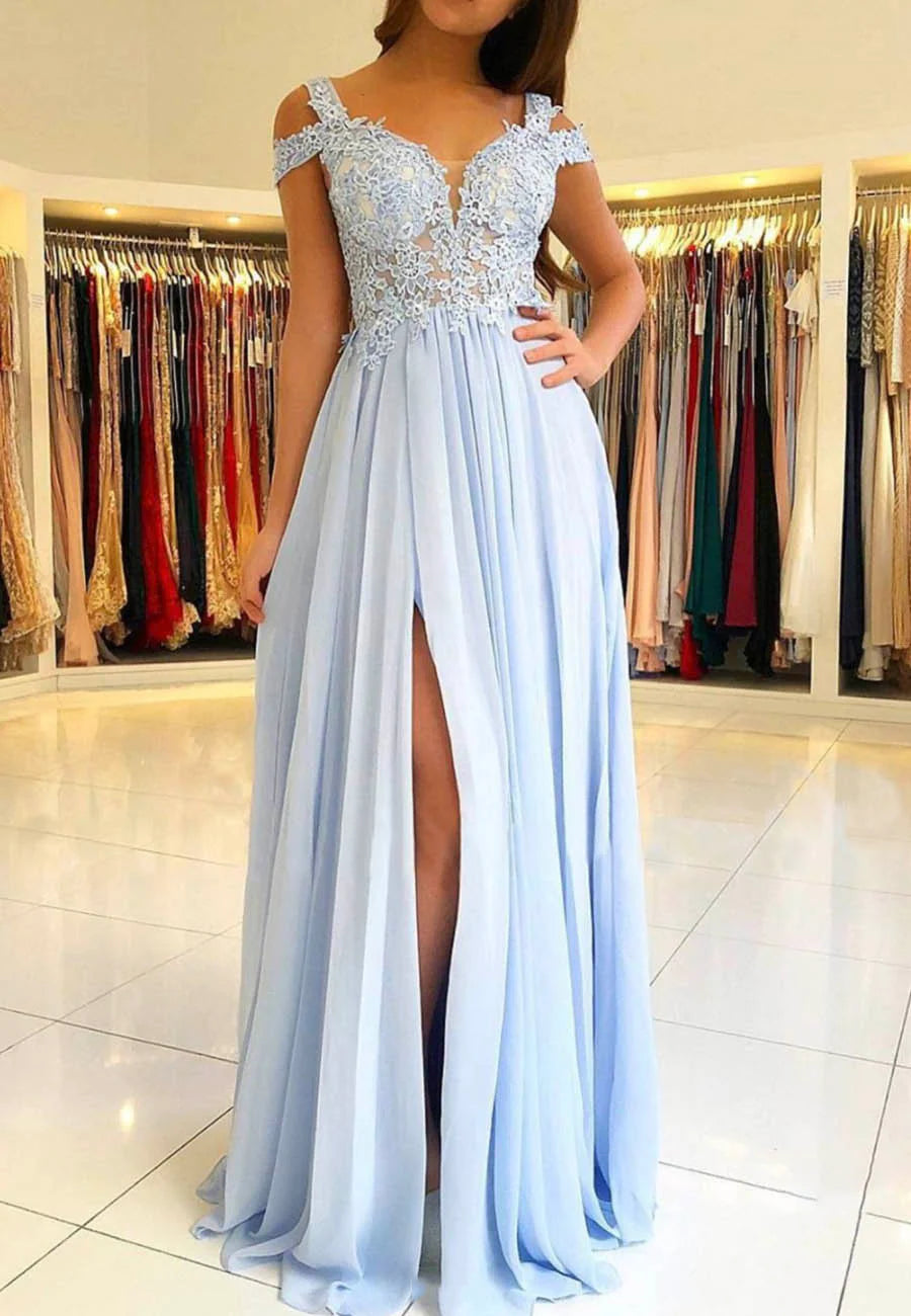 A-Line Blue Chiffon Lace Appliques Evening Dresses Long Prom Dresses With Slit