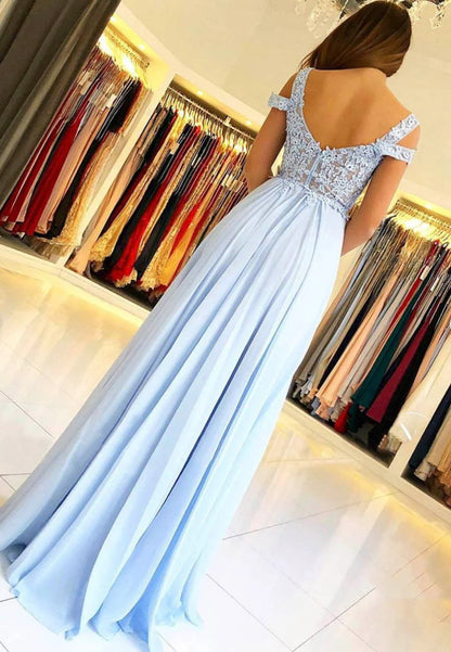 A-Line Blue Chiffon Lace Appliques Evening Dresses Long Prom Dresses With Slit