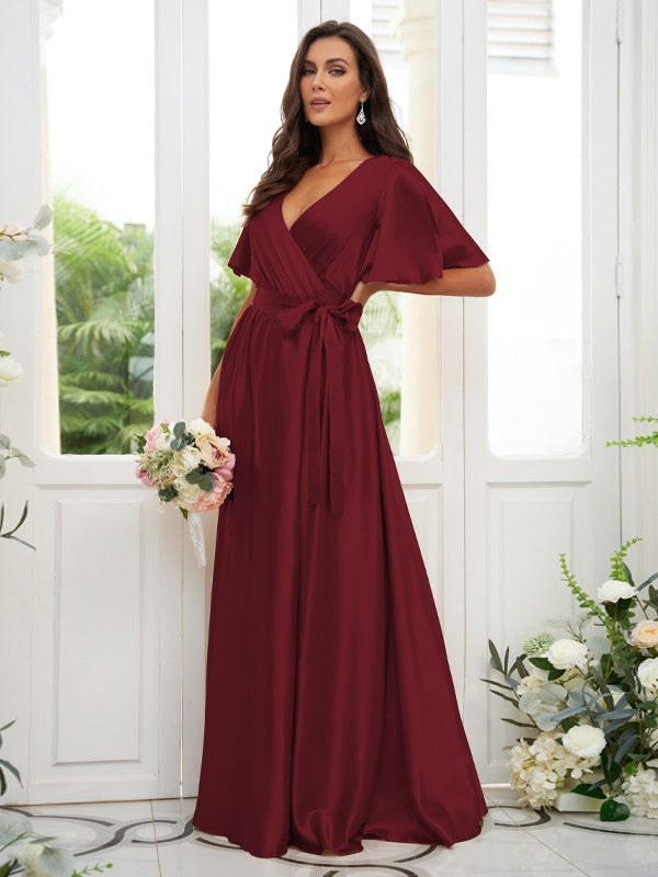 A-Line/Princess Silk like Satin Sash/Ribbon/Belt V-neck Short Sleeves Floor-Length Bridesmaid Dresses