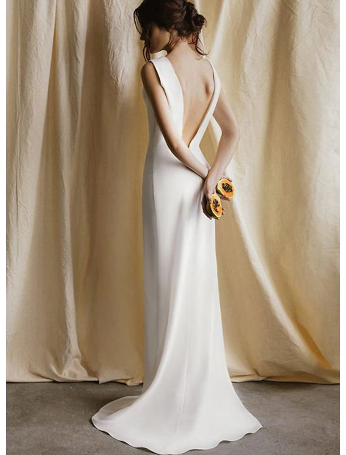 Reception Open Back Simple Wedding Dresses Sheath / Column Scoop Neck Sleeveless Sweep / Brush Train Satin Bridal Gowns With Solid Color Summer Wedding Party