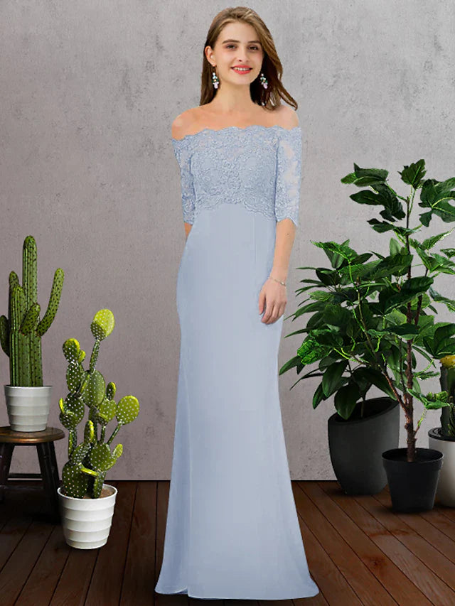 A-Line Bridesmaid Dress Off Shoulder Half Sleeve Elegant Floor Length Chiffon Lace with Appliques