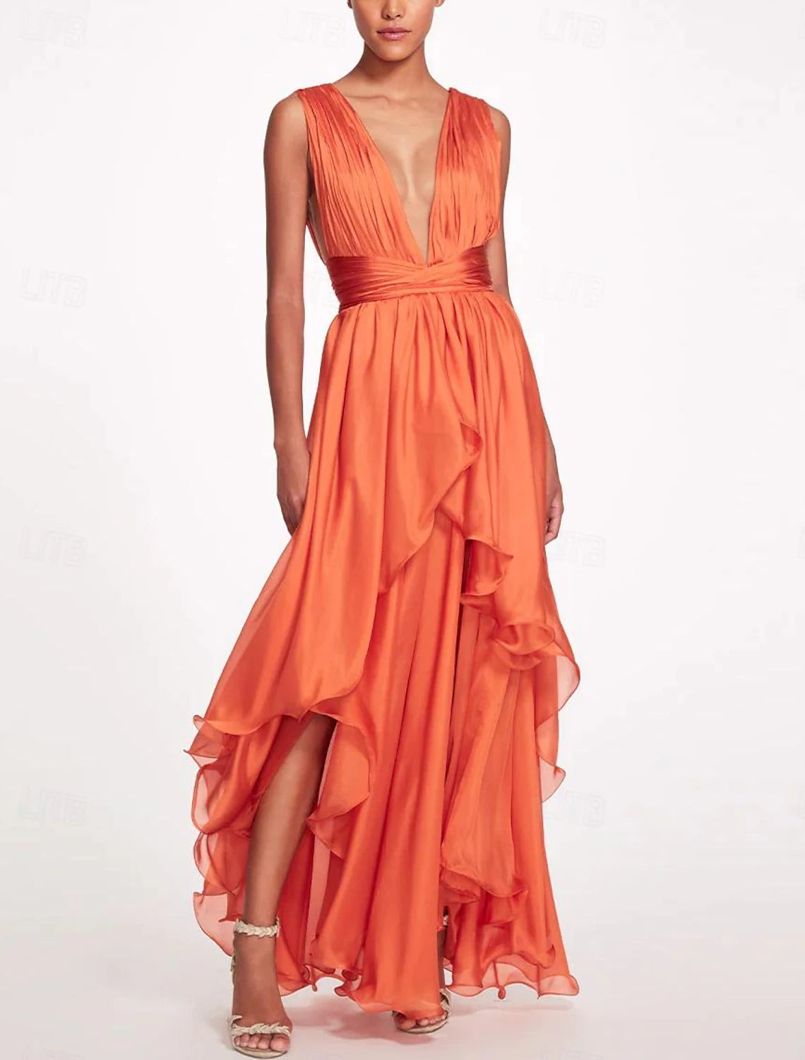 A-Line Chiffon Elegant Wedding Guest Dress Ruched Prom Dresses Asymmetrical Sleeveless V Neck