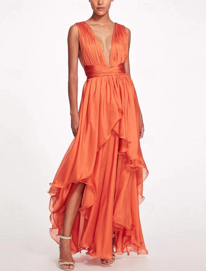 A-Line Chiffon Elegant Wedding Guest Dress Ruched Prom Dresses Asymmetrical Sleeveless V Neck