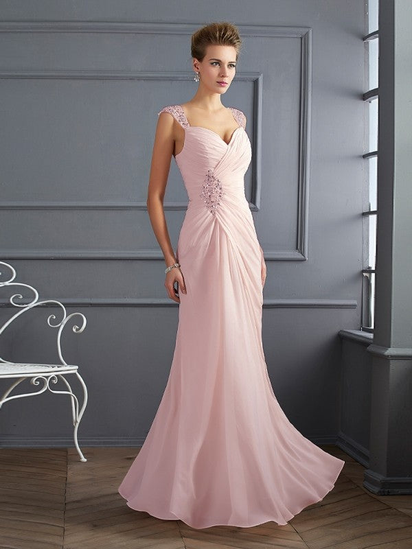 Sheath/Column Straps Sleeveless Beading Long Chiffon Dresses