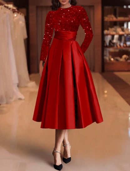 A-Line Cocktail Dresses Wedding Guest Dress Red Green Dress Tea Length Long Sleeve Jewel Neck Satin with Pleats Sparking Sequins