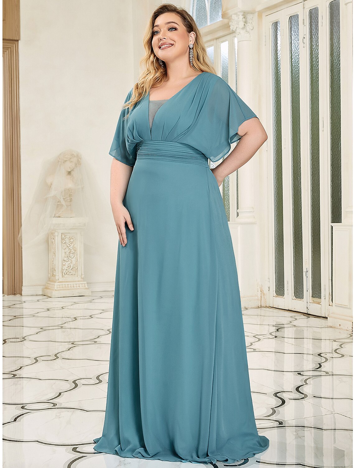 A-Line Elegant Formal Evening Dress V Neck Short Sleeve Floor Length Chiffon with Draping