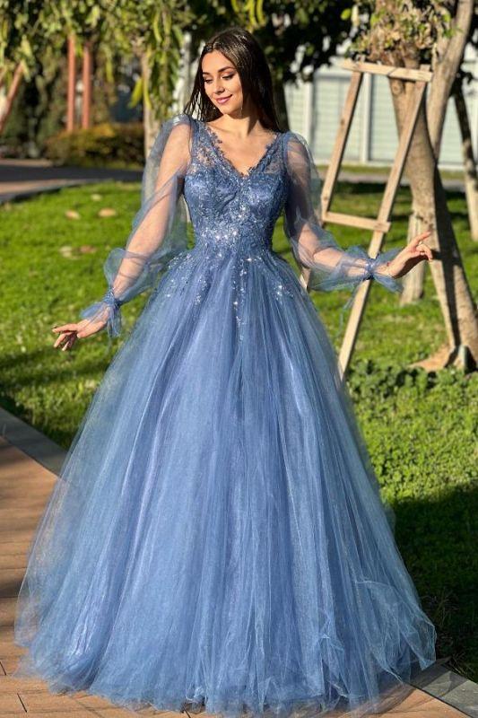 A-line Princess Long See Through Sleeves Evening Dress V-neck Gall Gown With Appliques