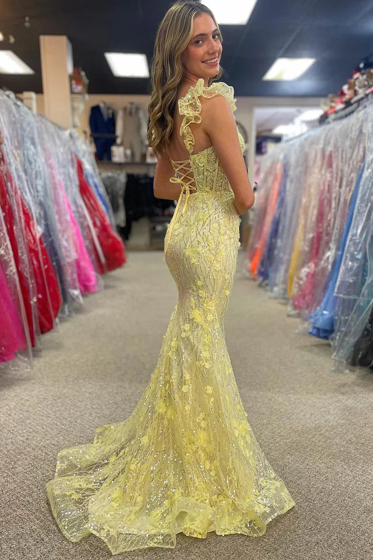Sheath/Mermaid Sweetheart Yellow Lace Sequins Long Prom Dresses