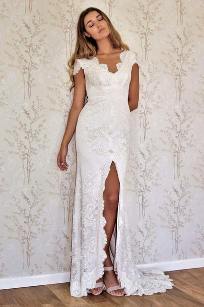 Cap Sleeve Satin Lace Split Mermaid Wedding Dress With Slit Elegant