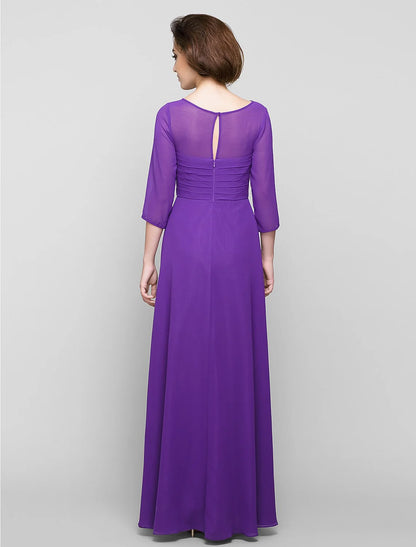 A-Line Mother of the Bride Dress Elegant Scoop Neck Ankle Length Chiffon 3/4 Length Sleeve No with Ruched