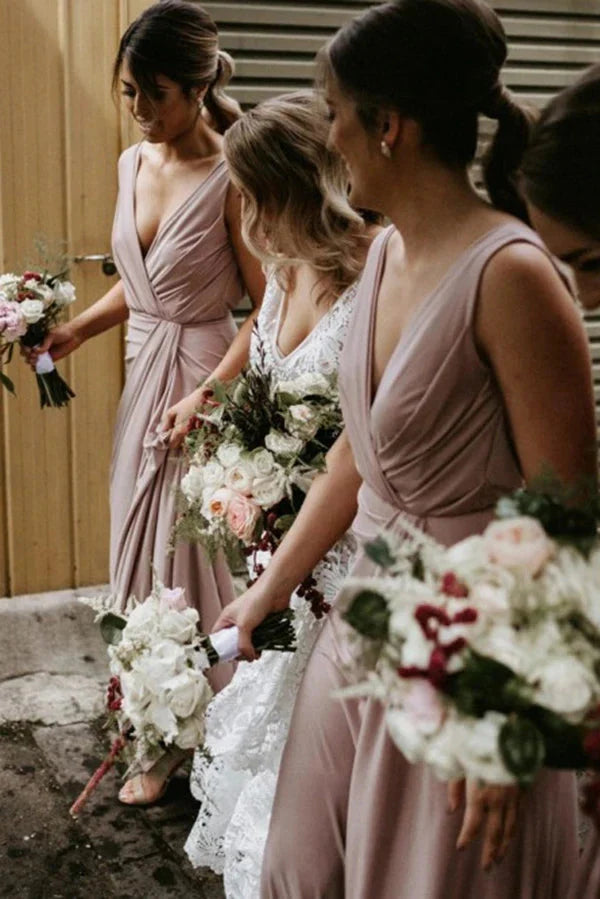 A Line Low V Neck Sleeveless Long Bridesmaid Floor Length Dresses