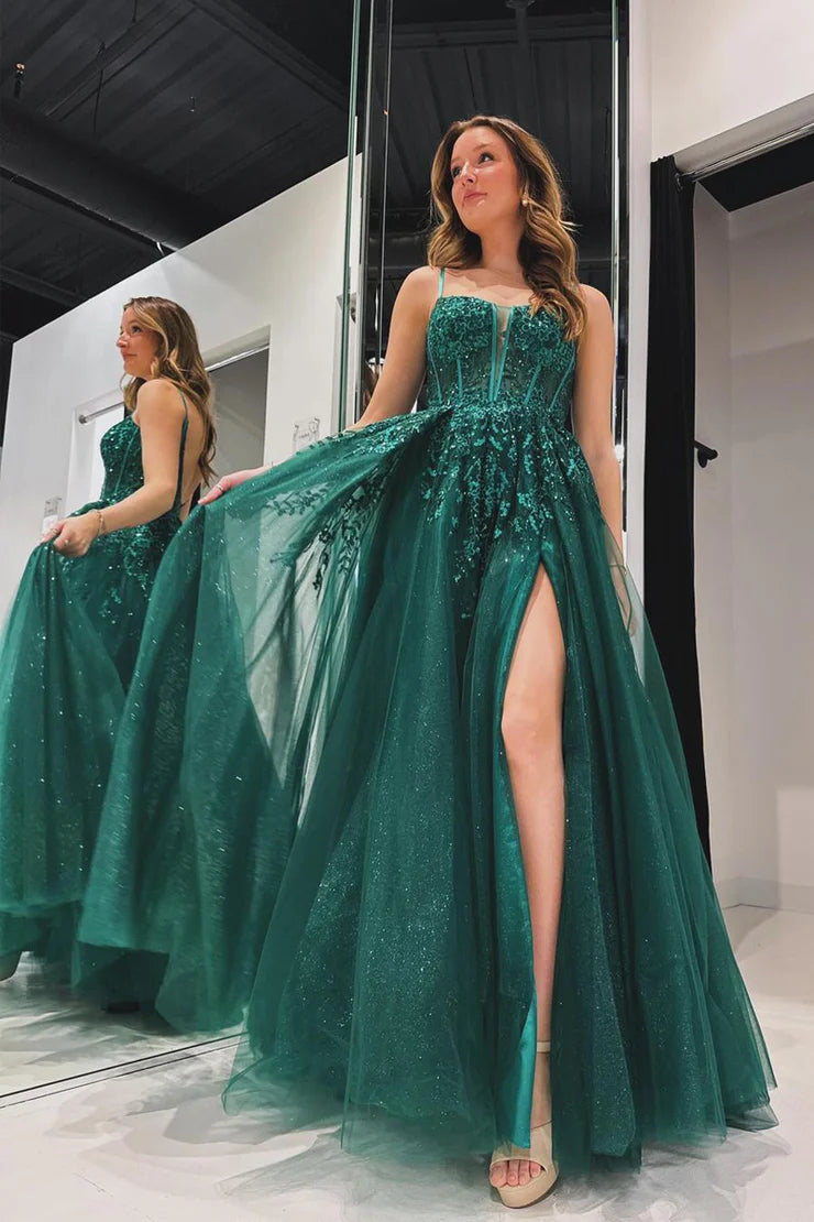 A Line Spaghetti Straps Green Tulle Prom Dress with Appliques