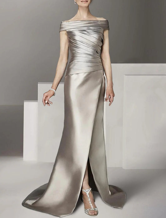 Mother of the Bride Dress Wedding Guest Elegant Scoop Neck Off Shoulder Floor Length Satin Cap Sleeve
