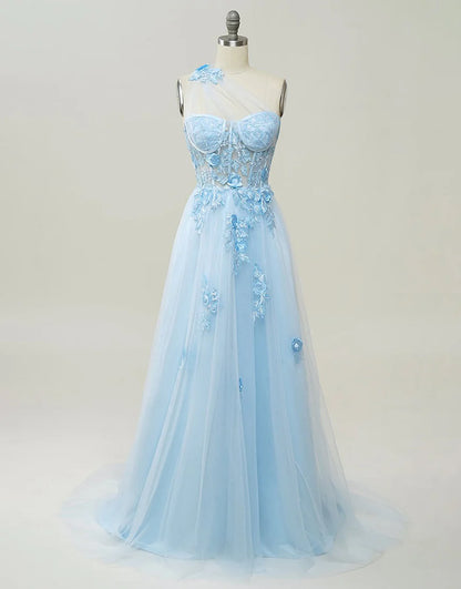 A Line One Shoulder Sweetheart Tulle Prom Dresses with Appliques