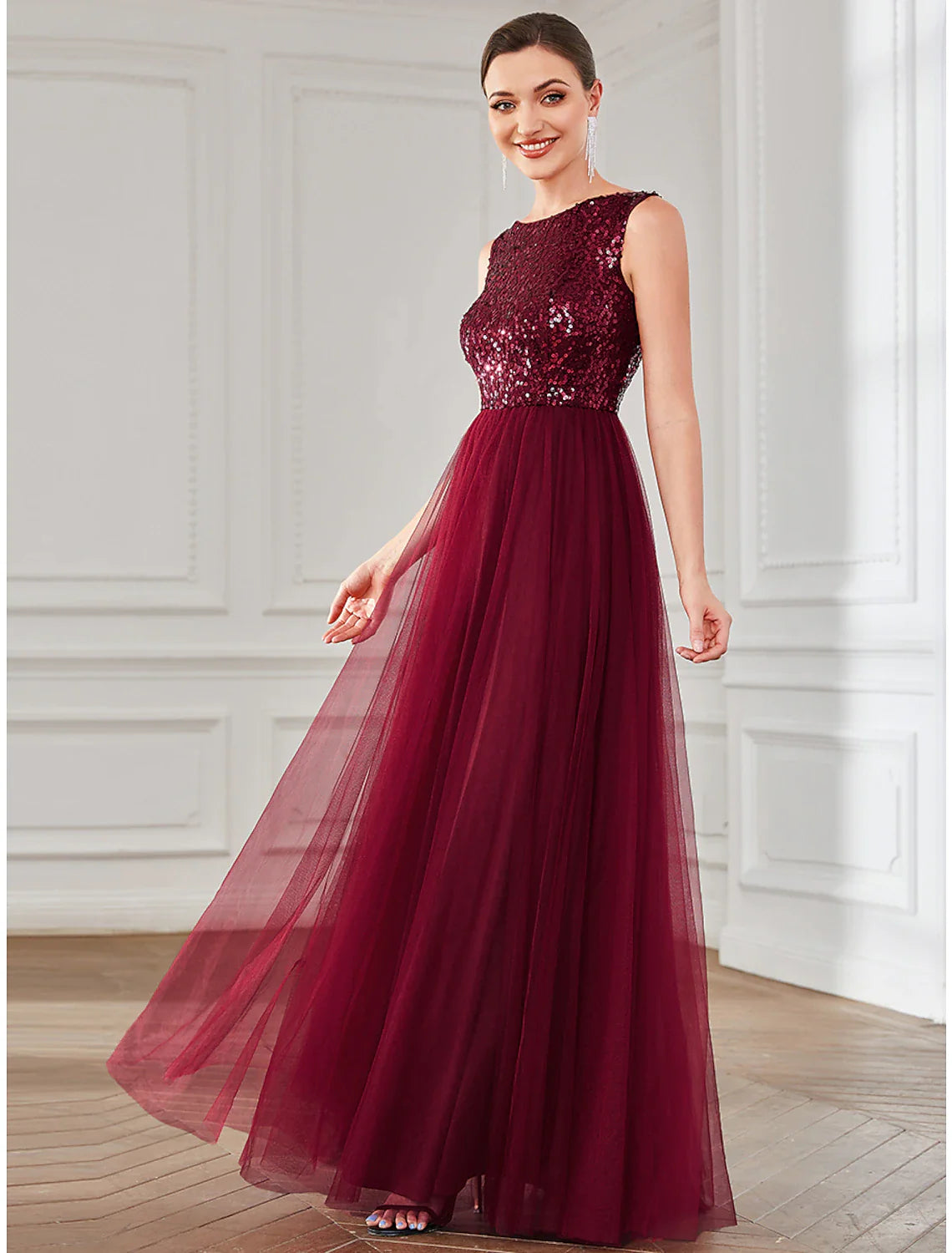 A-Line Party Dresses Elegant Dress Wedding Guest Floor Length Sleeveless Jewel Neck Tulle with Sequin