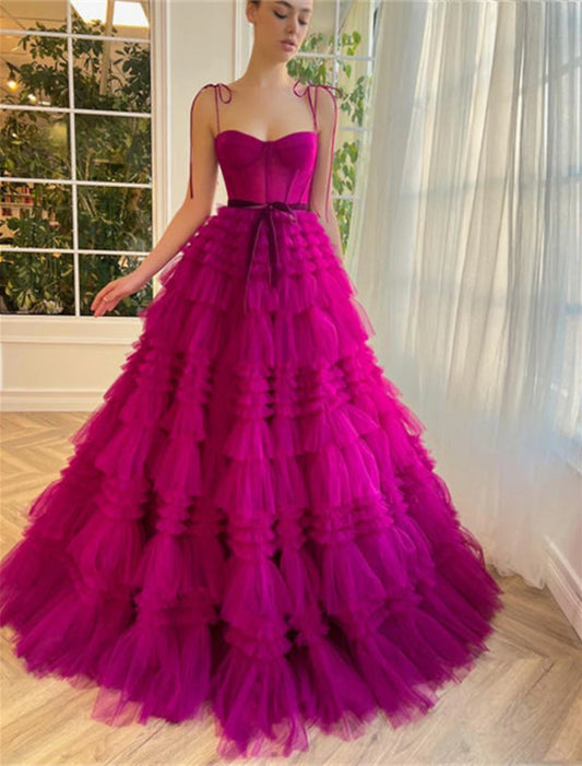 Ball Gown Evening Gown Wedding Party Birthday Floor Length Sleeveless Spaghetti Strap Tulle with Ruffles Strappy