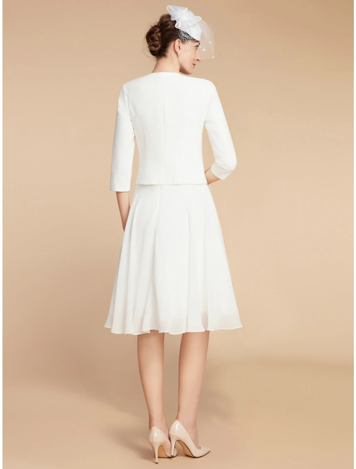 Two Piece A-Line Mother of the Bride Dress Wedding Guest Elegant Petite Jewel Neck Knee Length Chiffon Lace 3/4 Length Sleeve with Pleats Solid Colo