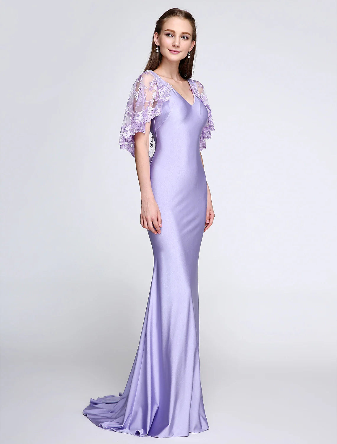 Solid Color Mermaid / Trumpet Bridesmaid Dress V Neck Sleeveless Wrap Included Sweep / Brush Train Jersey with Lace
