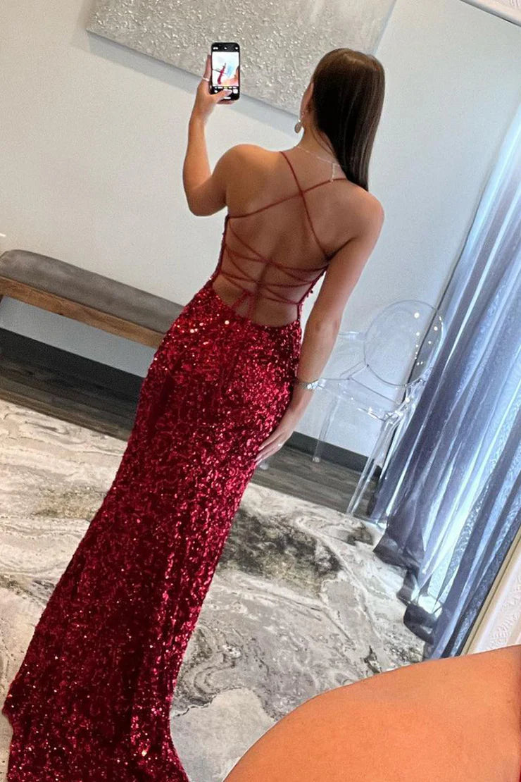 Mermaid Spaghetti Straps  Scoop Neck Sequins Long Prom Dresses with Slit