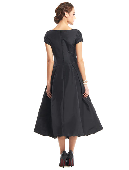 A-Line Black Dress Vintage Homecoming Wedding Guest Tea Length Short Sleeve Boat Neck Taffeta with Buttons