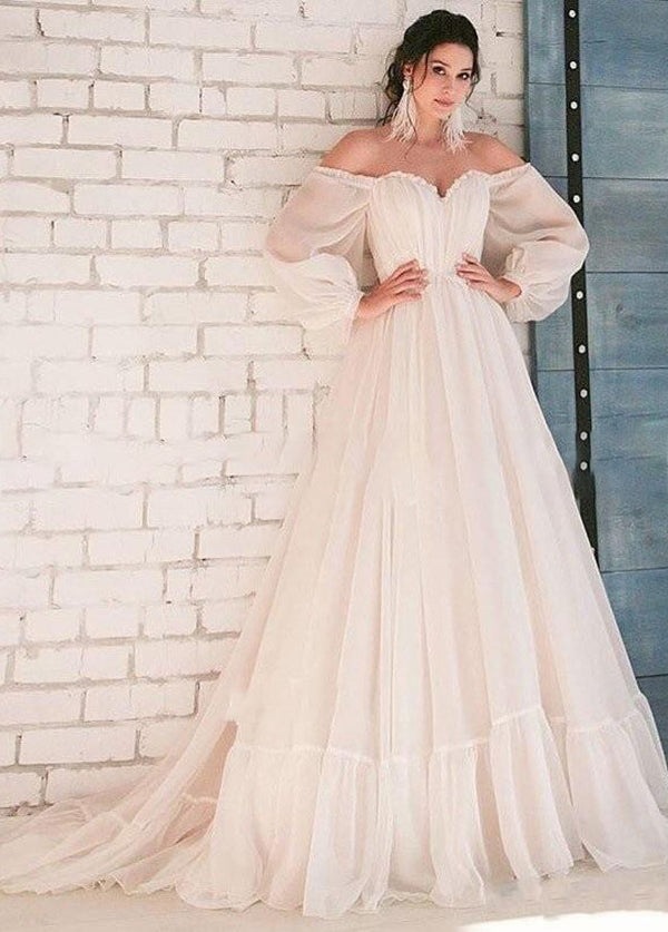 Pink Bohemian Unique Sweetheart Long-Sleeve Wedding Dresses Off Shoulder Sexy