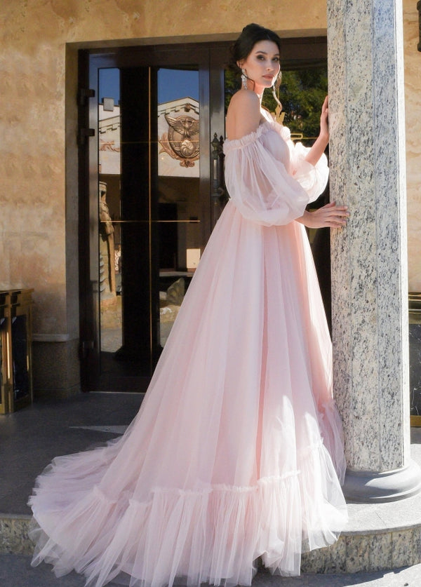 Pink Bohemian Unique Sweetheart Long-Sleeve Wedding Dresses Off Shoulder Sexy