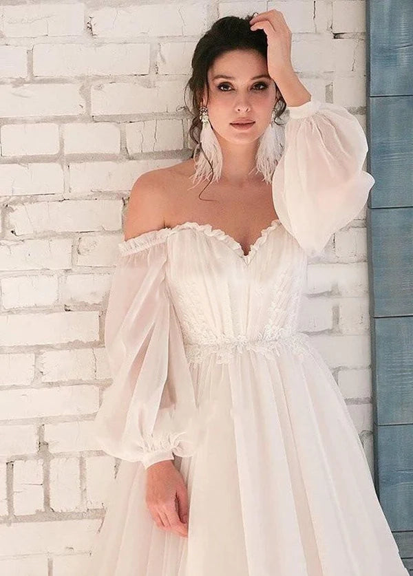 Pink Bohemian Unique Sweetheart Long-Sleeve Wedding Dresses Off Shoulder Sexy