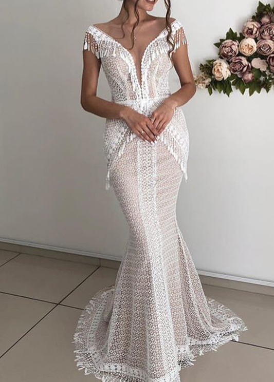 Chic Boho Tassel Lace Sleeveless Mermaid Wedding Dress Sexy