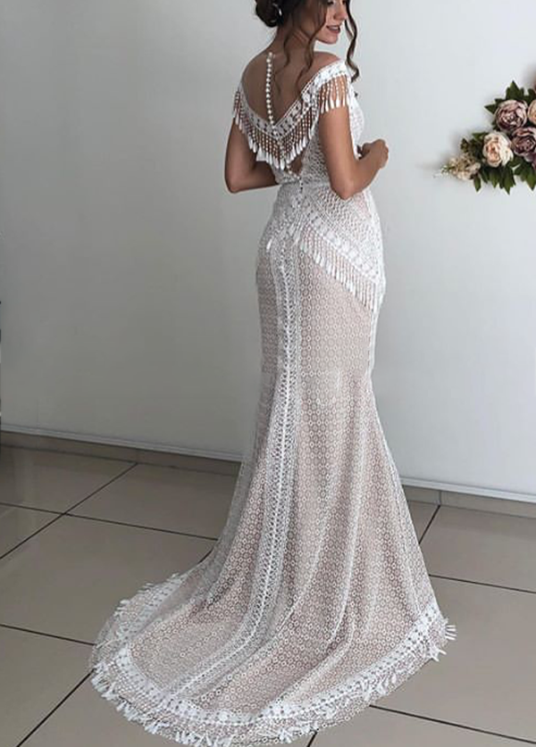 Chic Boho Tassel Lace Sleeveless Mermaid Wedding Dress Sexy