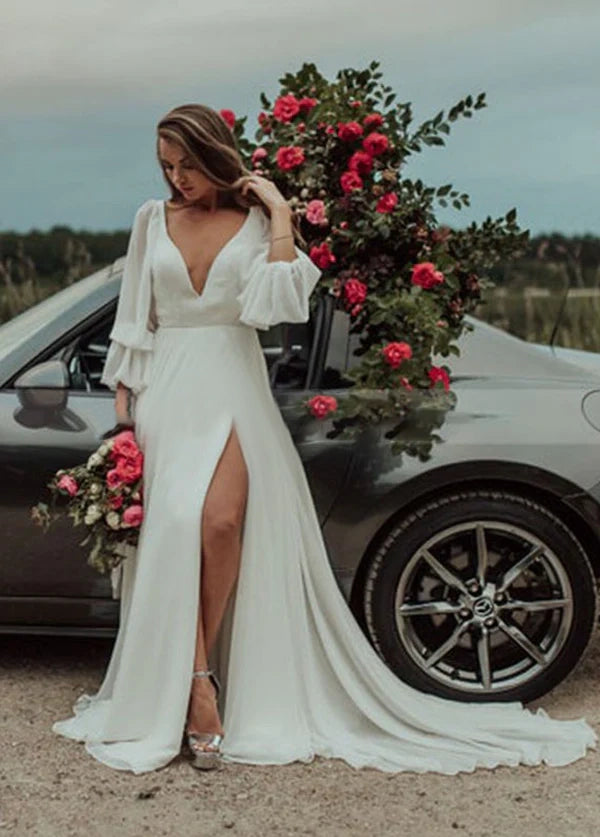 Chiffon A-Line High Slit Beach Long-Sleeve V-Neck Romantic Wedding Dresses Open Back Sexy