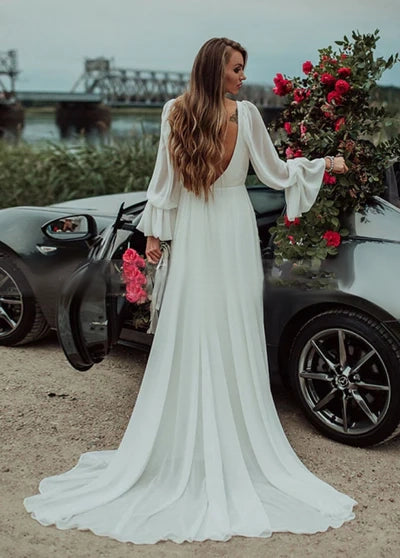 Chiffon A-Line High Slit Beach Long-Sleeve V-Neck Romantic Wedding Dresses Open Back Sexy