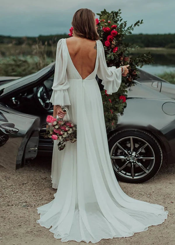 Chiffon A-Line High Slit Beach Long-Sleeve V-Neck Romantic Wedding Dresses Open Back Sexy