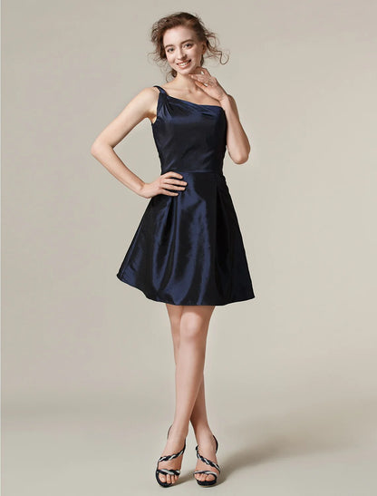 A-Line / Princess One Shoulder Short / Mini Taffeta Bridesmaid Dress with Pleats Solid Color