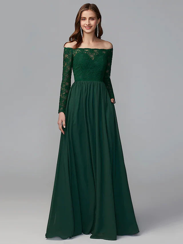 A-Line Bridesmaid Dress Off Shoulder Long Sleeve Elegant Floor Length Chiffon Lace with Lace